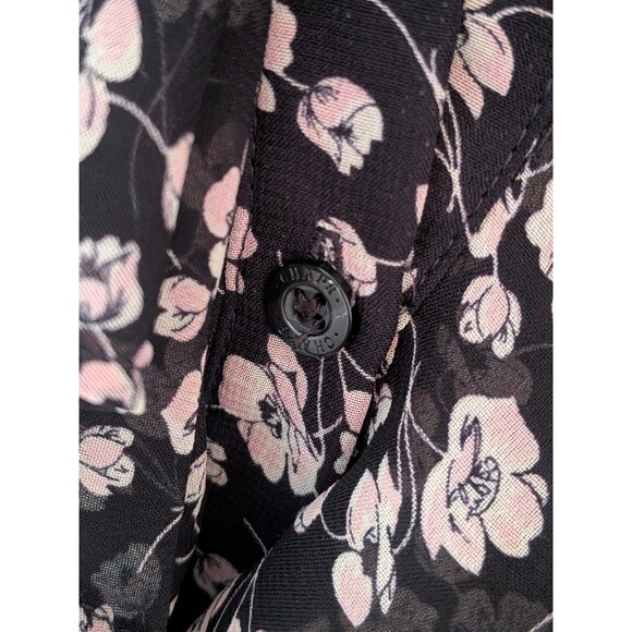 CHAPS 1978 Top Womens L Black Pink Ruffled Floral Flutter Sleeve Chiffon Blouse - Picture 6 of 13